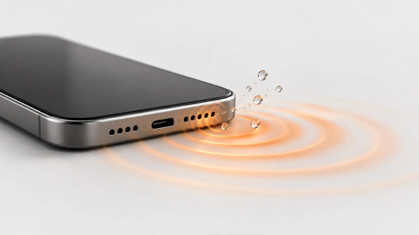 A smartphone lying at an angle with orange sound wave rings spreading from its bottom speaker and pushing small water droplets into the air.