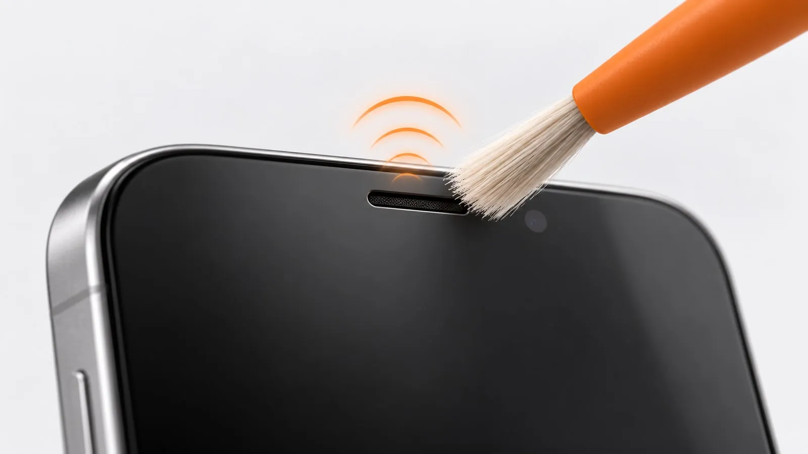 A soft brush with an orange handle near the earpiece slit at the top of a phone screen, with small sound waves coming from the earpiece.