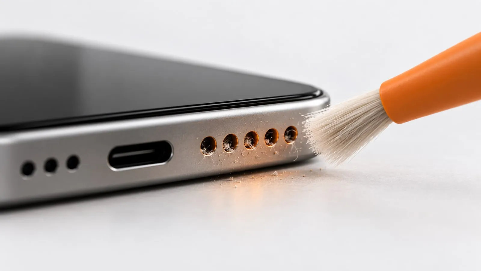 A soft brush with an orange handle cleaning dust from the bottom speaker grille of a phone.