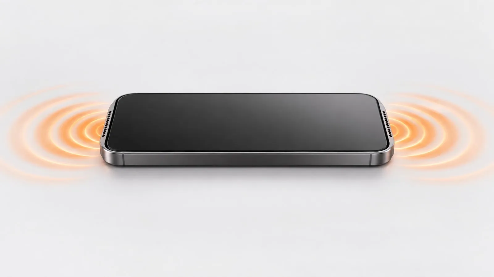 A phone lying sideways with matching orange sound waves coming from both ends, showing a balanced stereo speaker test.