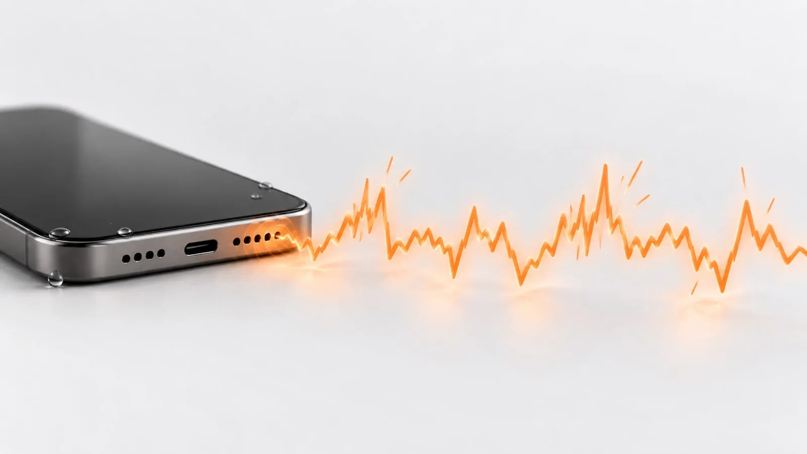 A wet phone with water droplets on its frame and a jagged, spiky orange sound wave crackling out of its bottom speaker.