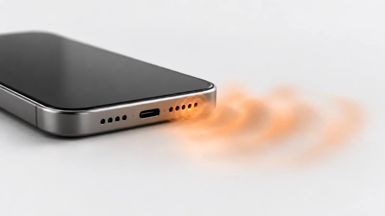 A phone lying flat with blurred, smudged orange sound waves coming out of its bottom speaker, showing muffled sound.