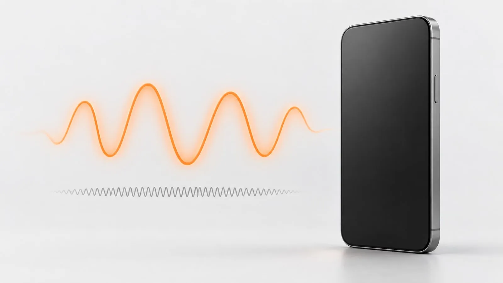 A phone standing upright beside a tall, slow orange sound wave and a tiny, dense gray high-frequency wave that barely moves.