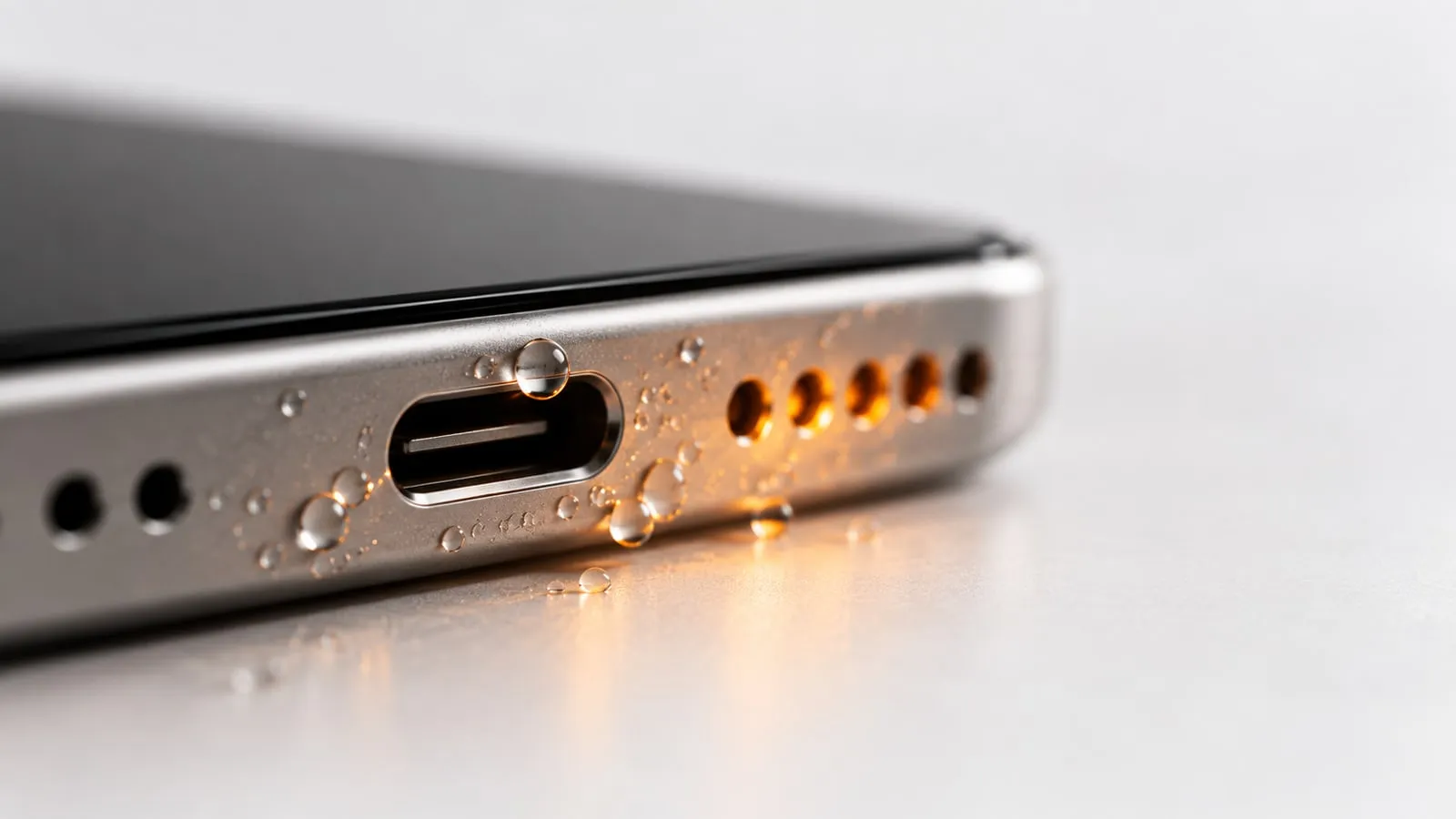 Extreme close-up of a USB-C charging port with a water droplet at its edge, next to the phone speaker grille.