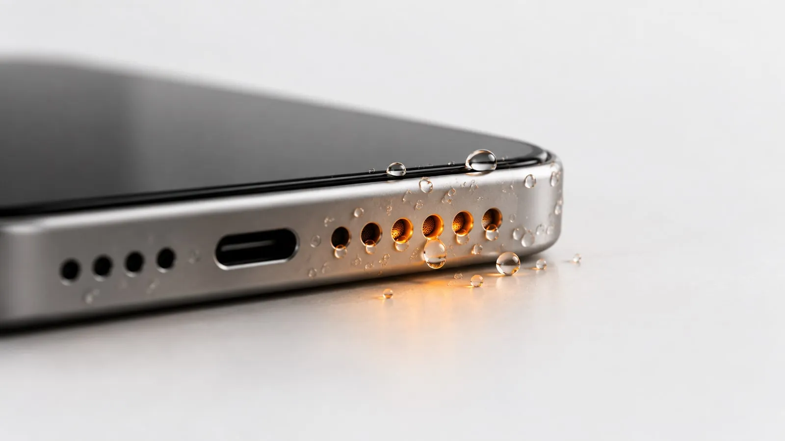 Close-up of a phone bottom edge with clear water droplets sitting on and inside the speaker grille holes.