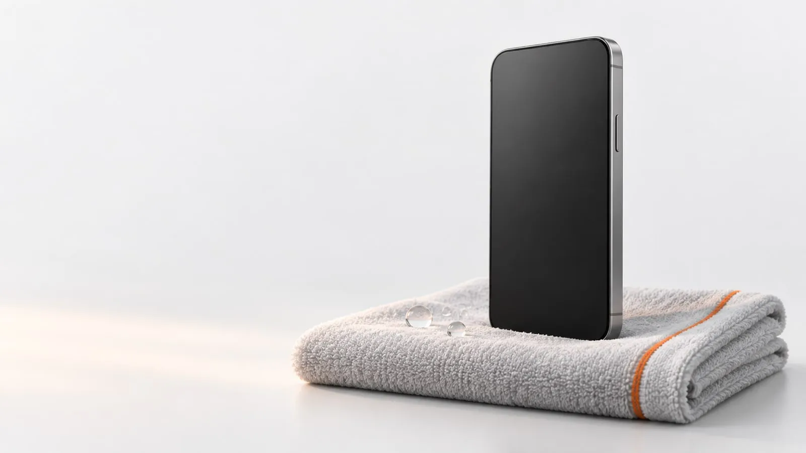 A phone standing upright, speaker end down, air drying on a folded gray towel with an orange stripe.